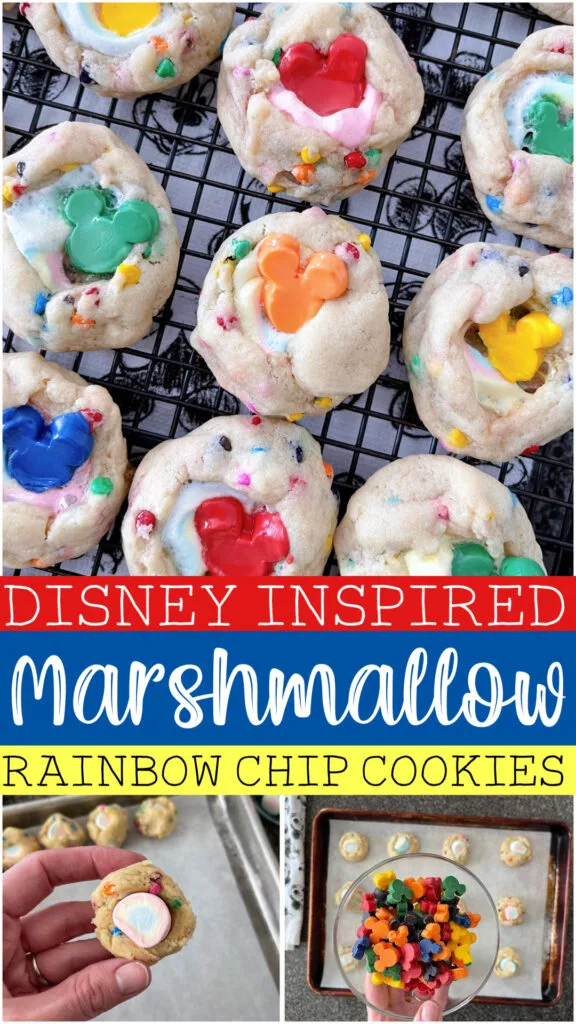 Pinterest image for Disney Inspired Marshmallow Rainbow Chip Cookies.