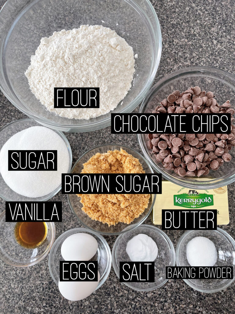 Ingredients needed to make Chewy Chocolate Chip Cookie Bars.