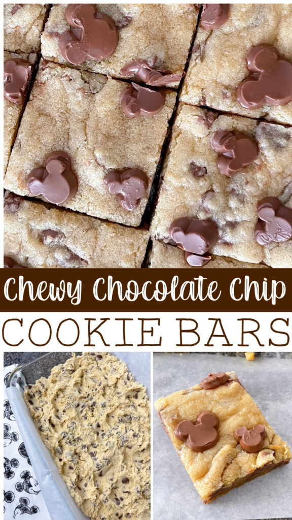 A collage of pictures featuring chocolate chip cookie bars.