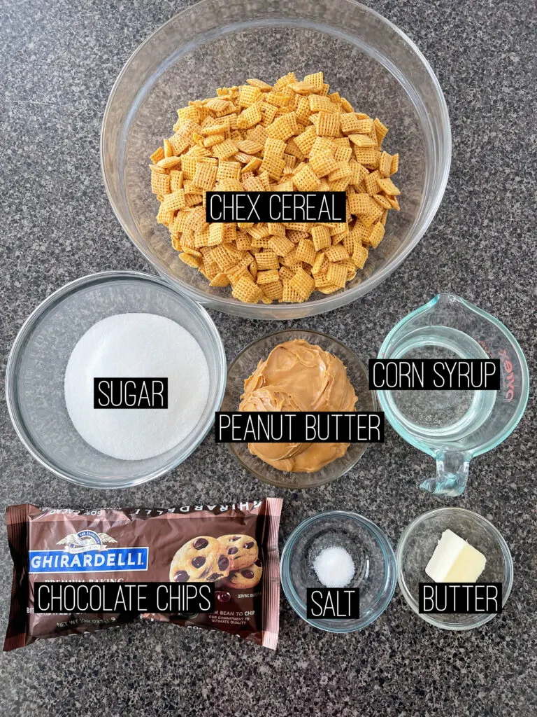 Ingredients needed to make no bake chocolate peanut butter bars.