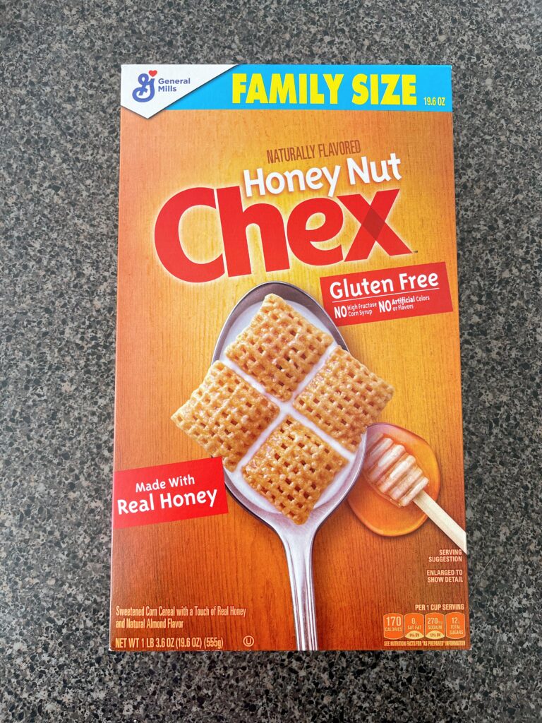 A box of Honey Nut Chex cereal.