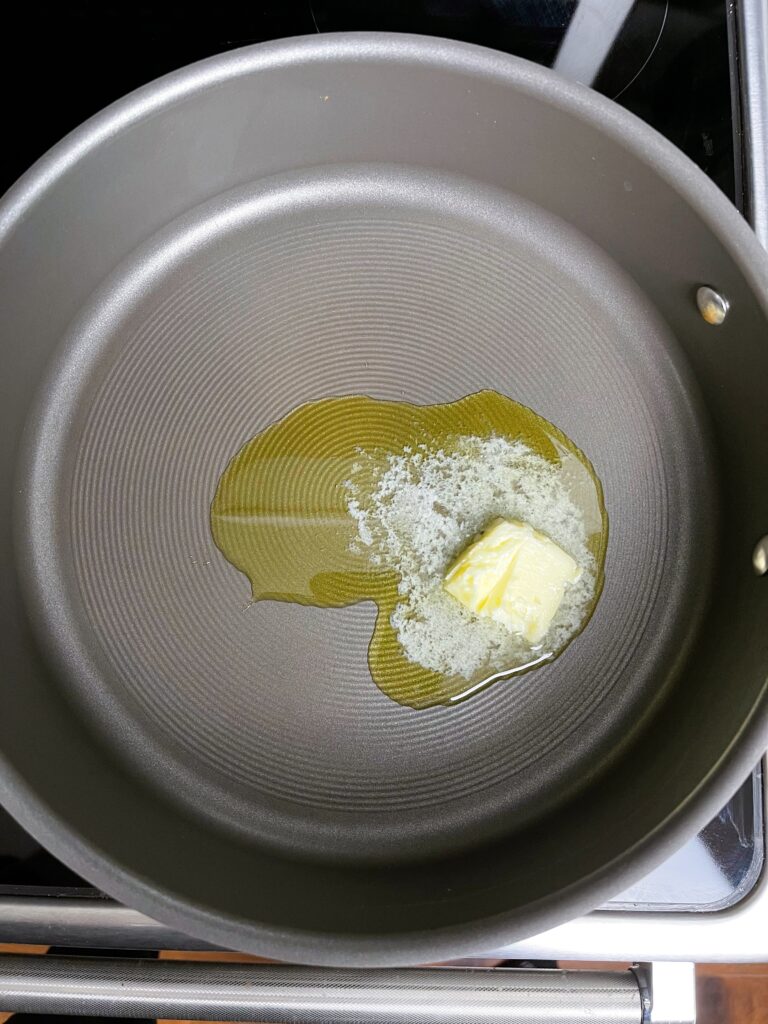 Butter and olive oil in a large sauce pan.