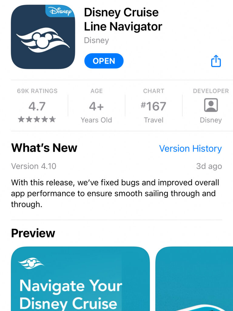 Screenshot of the Disney Cruise Line Navigator App in the App Store.
