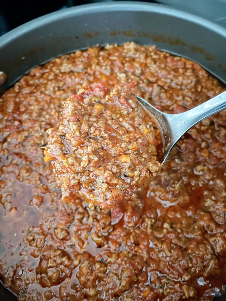 A pan of Bolognese sauce.