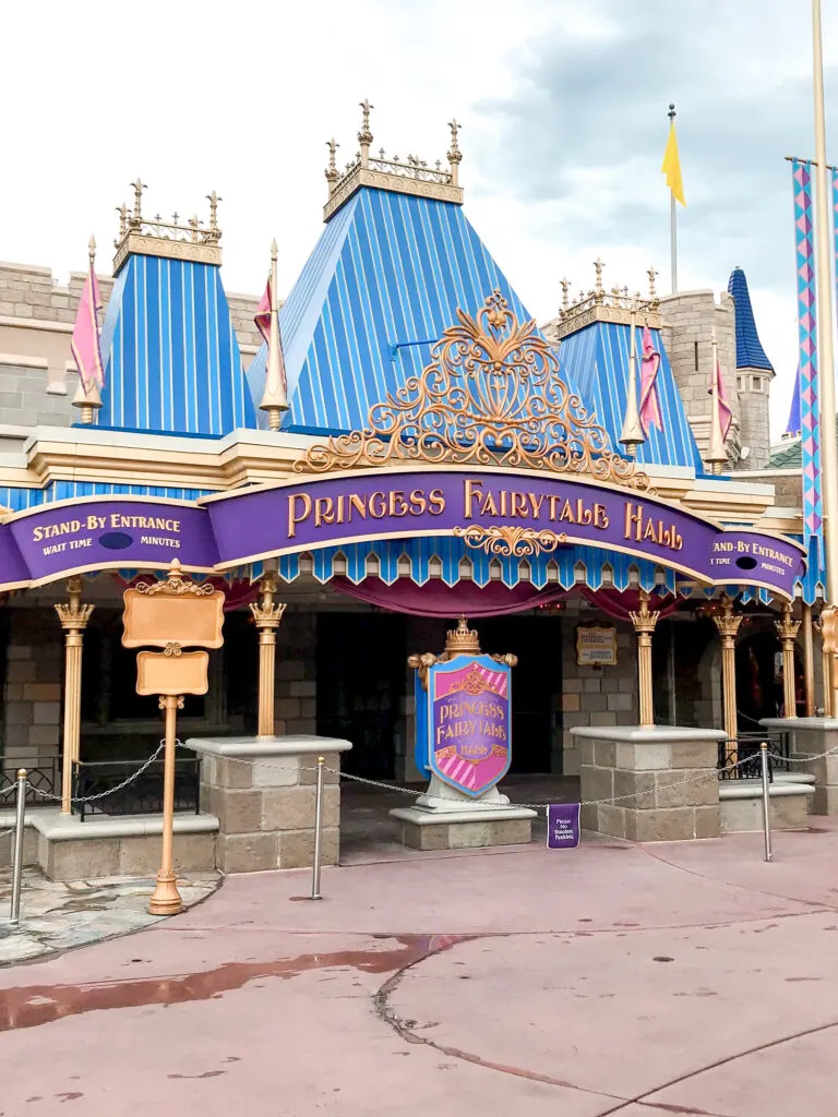 Entrance to Princess Fairytale Hall at Disney World's Magic Kingdom.