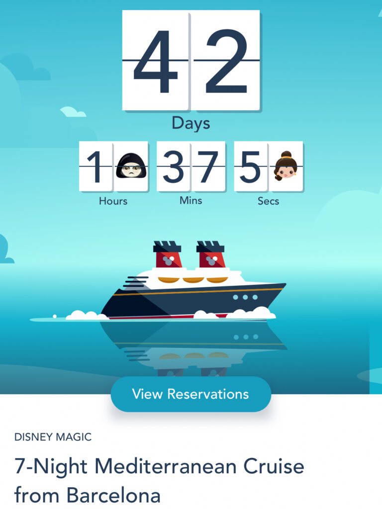 A countdown for a Disney Cruise in the Disney Navigator App.