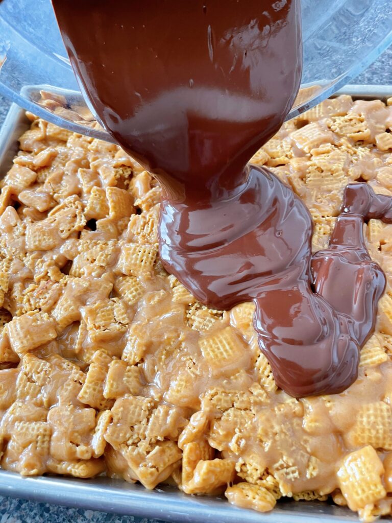 Chocolate poured over no bake Chex bars.