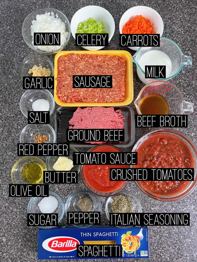 Ingredients to make easy spaghetti Bolognese.
