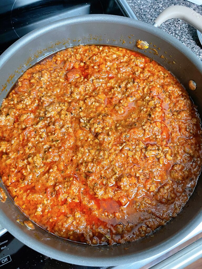 A pan of Bolognese sauce.