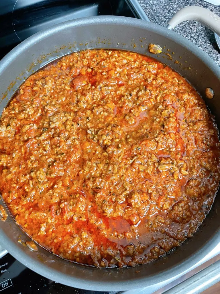 A pan of Bolognese sauce.
