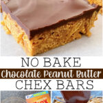Pinterest image forNo Bake Chocolate Peanut Butter Chex Bars.