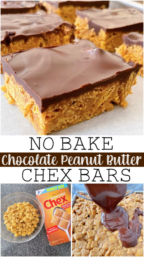 Pinterest image forNo Bake Chocolate Peanut Butter Chex Bars.