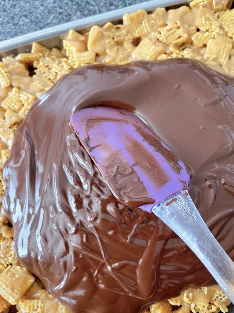 Chocolate ganache spread over cereal bars.