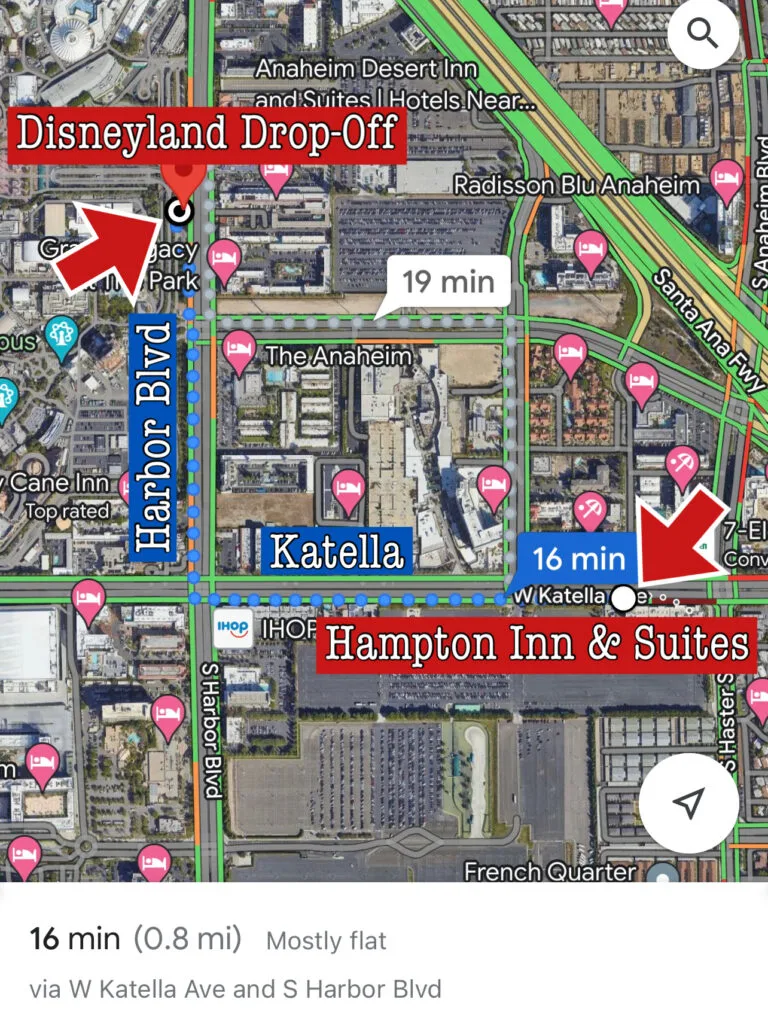 Map showing walking distance from Hampton Inn Anaheim Convention Center to Disneyland.