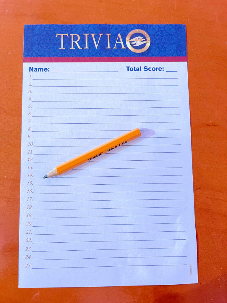 Disney Cruise Trivia sheet.