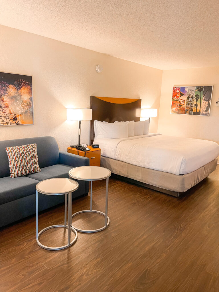 Fairfield Inn Anaheim standard room with king and sofa sleeper.