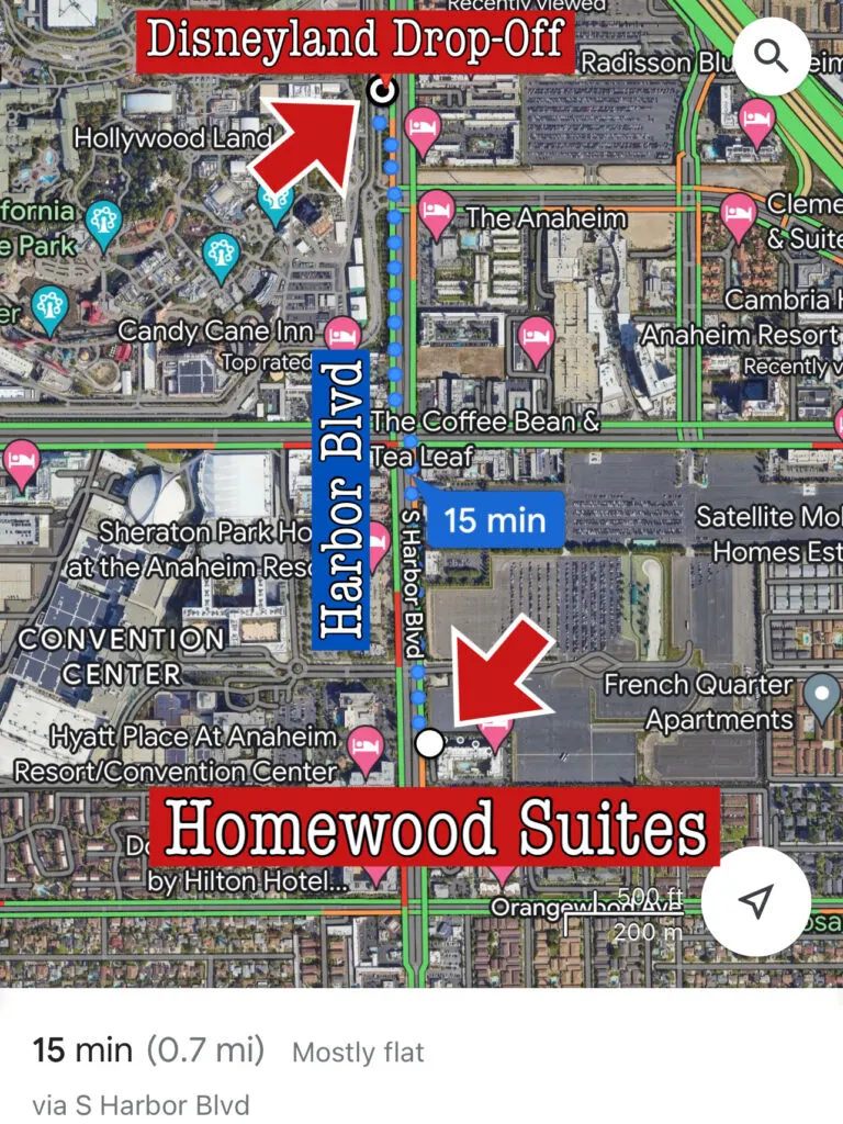 Map showing walking distance from Homewood Suites to Disneyland.