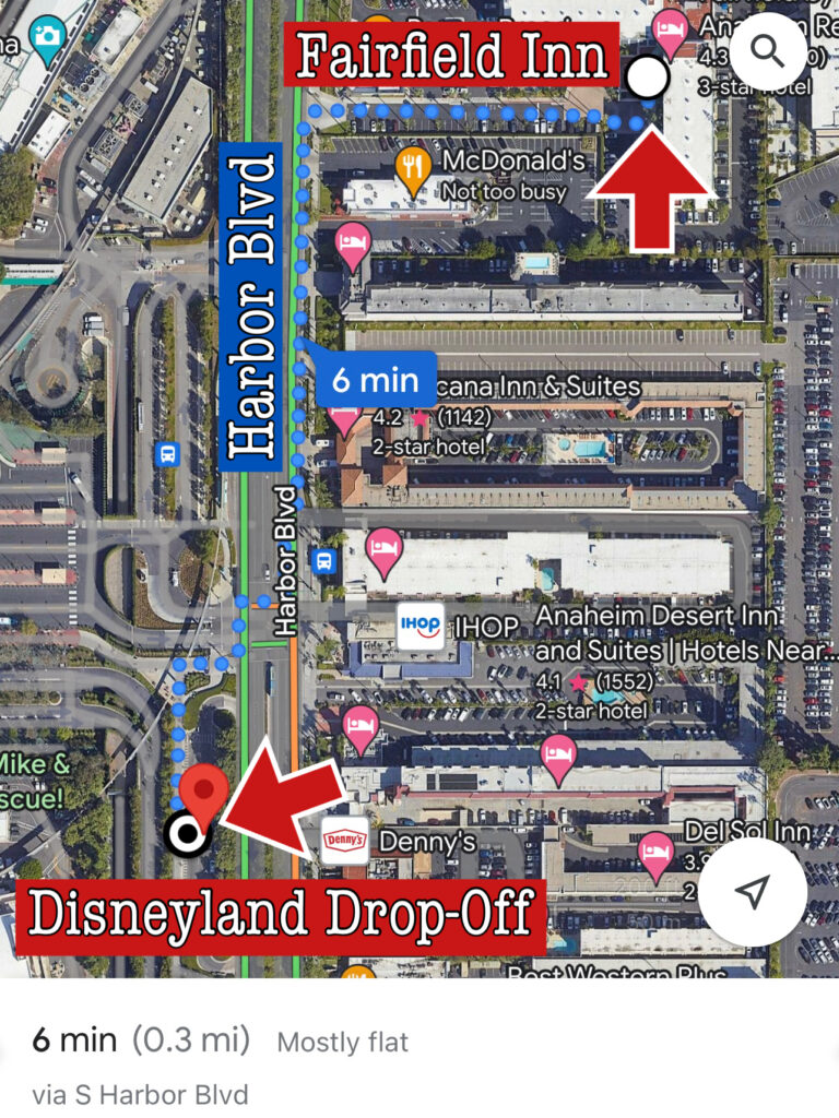 Map showing the walking distance from Fairfield Inn Anaheim to Disneyland.