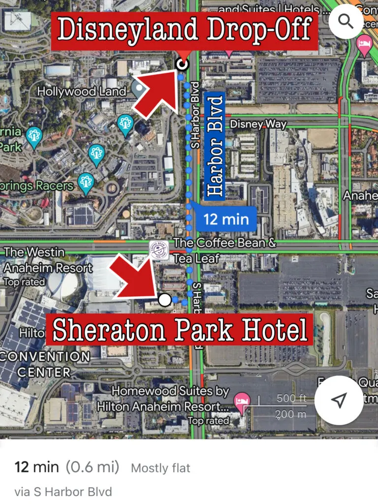 Map showing the walking distance from Sheraton Park hotel to Disneyland.
