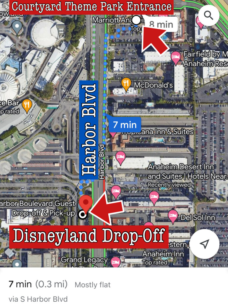 Map showing the walking distance from Courtyard Theme Park Entrance to Disneyland.
