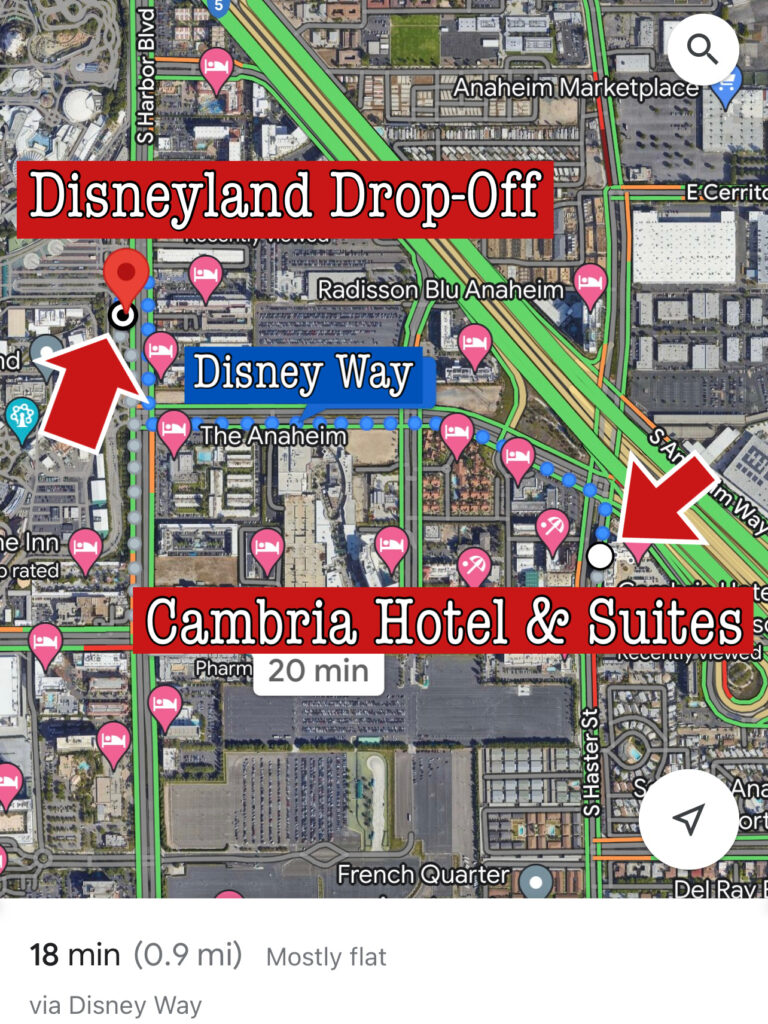 Map showing the walking distance from Cambria to Disneyland.