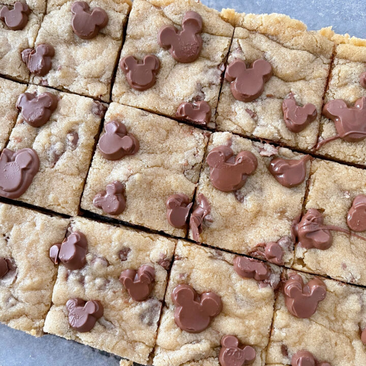 Chocolate chip cookie bars with Mickey Mouse shaped chocolate chips.