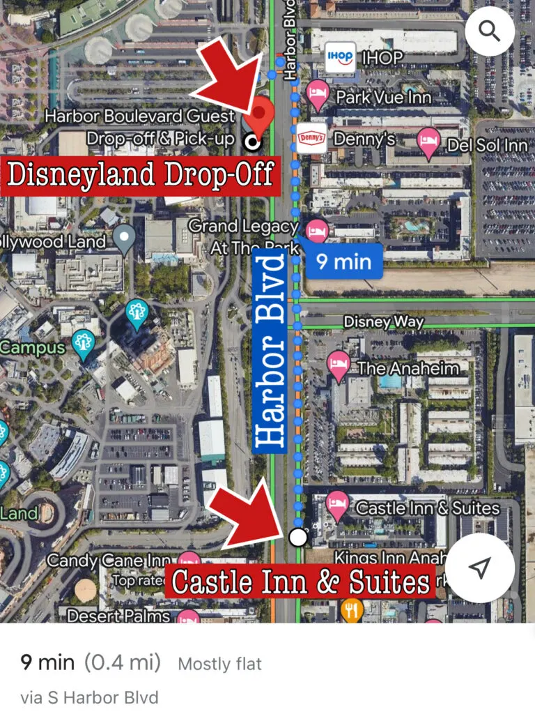 Map showing walking distance from Castle Inn & Suites to Disneyland.