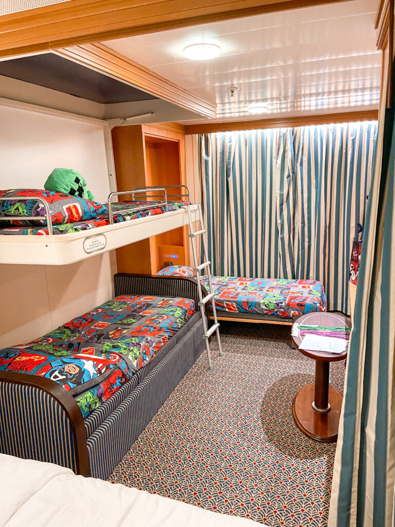Marvel sheets on the kids beds in a Family Suite on the Disney Wonder.