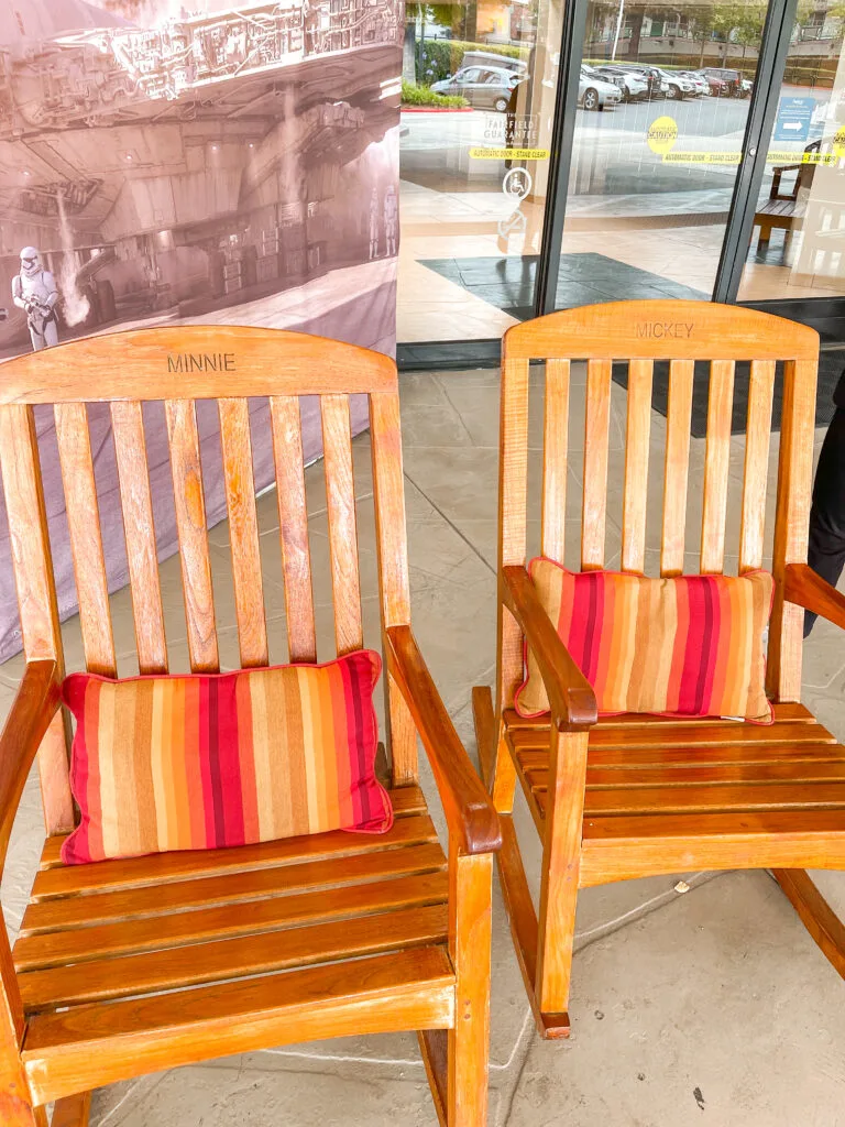 Rocking chairs at Fairfield Anaheim with Mickey and Minnie engraved on them.