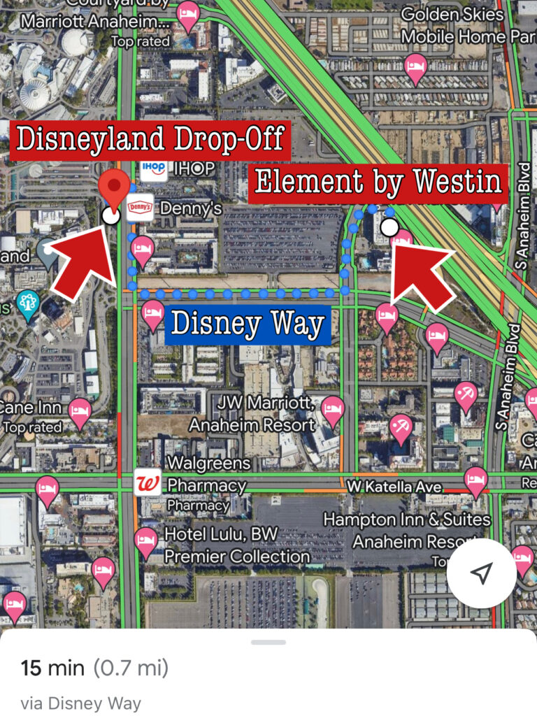 Map showing walking distance from Element by Westin to Disneyland.