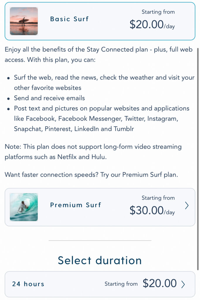 Disney cruise internet prices, what is included with a $20 plan.