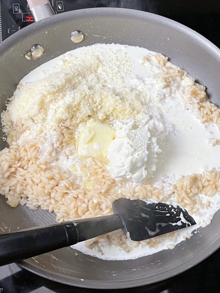 Risotto with marscapone, cream cheese, heavy cream, and butter.