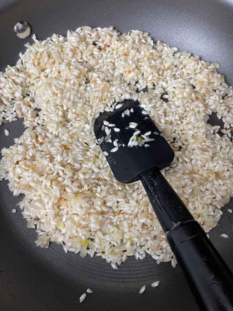 Arborio rice in a pan to make risotto.
