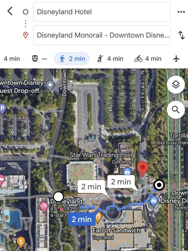 Map showing the walking distance from the Disneyland Hotel to the Monorail Entrance to Disneyland.