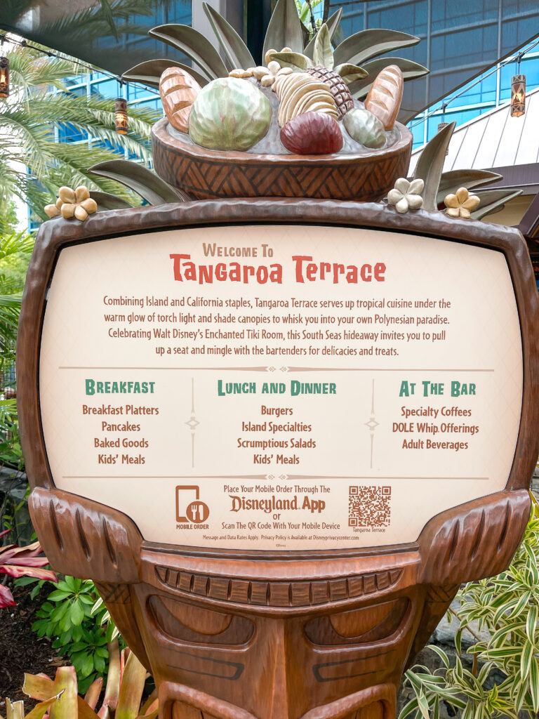 Hours listed for Tangaroa Terrace at the Disneyland Hotel.