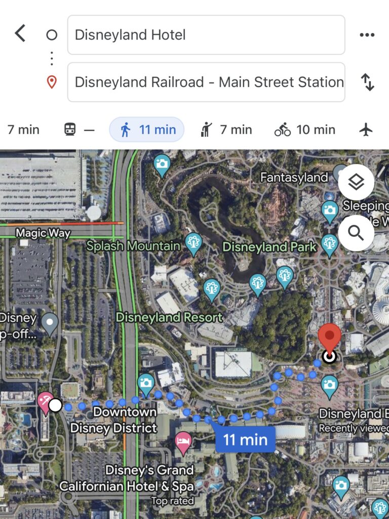 Map showing the walking distance from the Disneyland Hotel to Disneyland Park.
