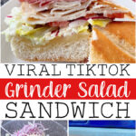 A TikTok grinder sandwich with meat, cheese, and grinder salad on a white plate with a red and white kitchen towel.