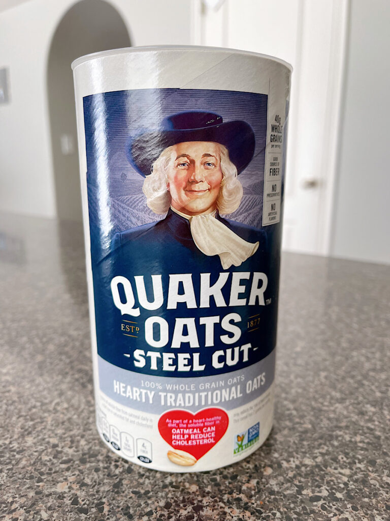 A container of steel cut oats.