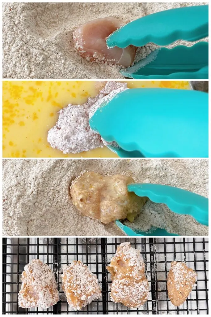 Pictures showing how to add breading to chicken nuggets.