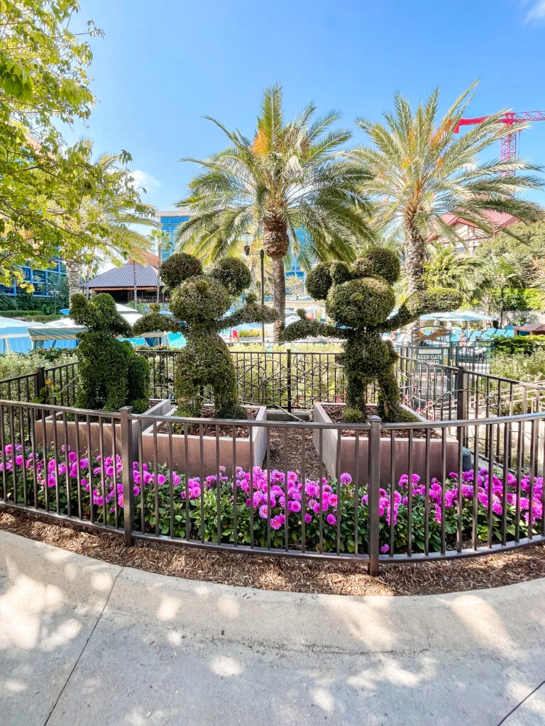 A Mickey and Minnie Mouse shaped topiary at the Disneyland Hotel.