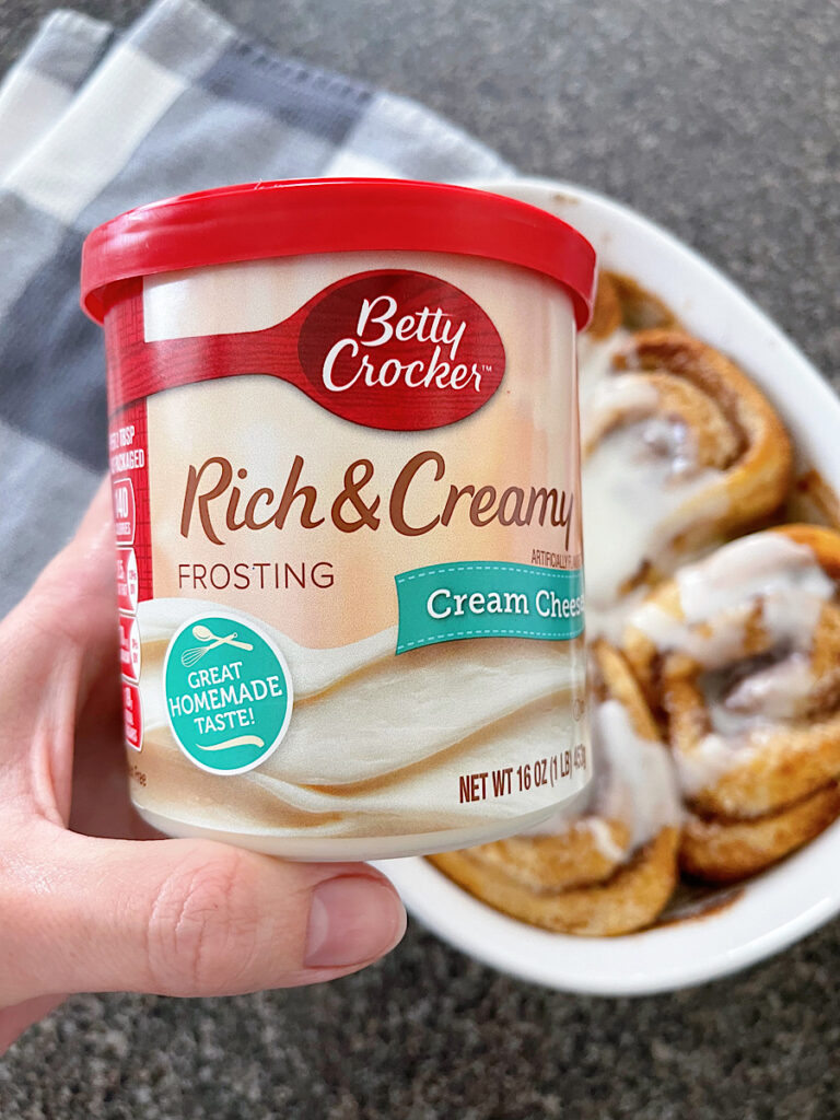 Store bought cream cheese frosting and TikTok cinnamon rolls.
