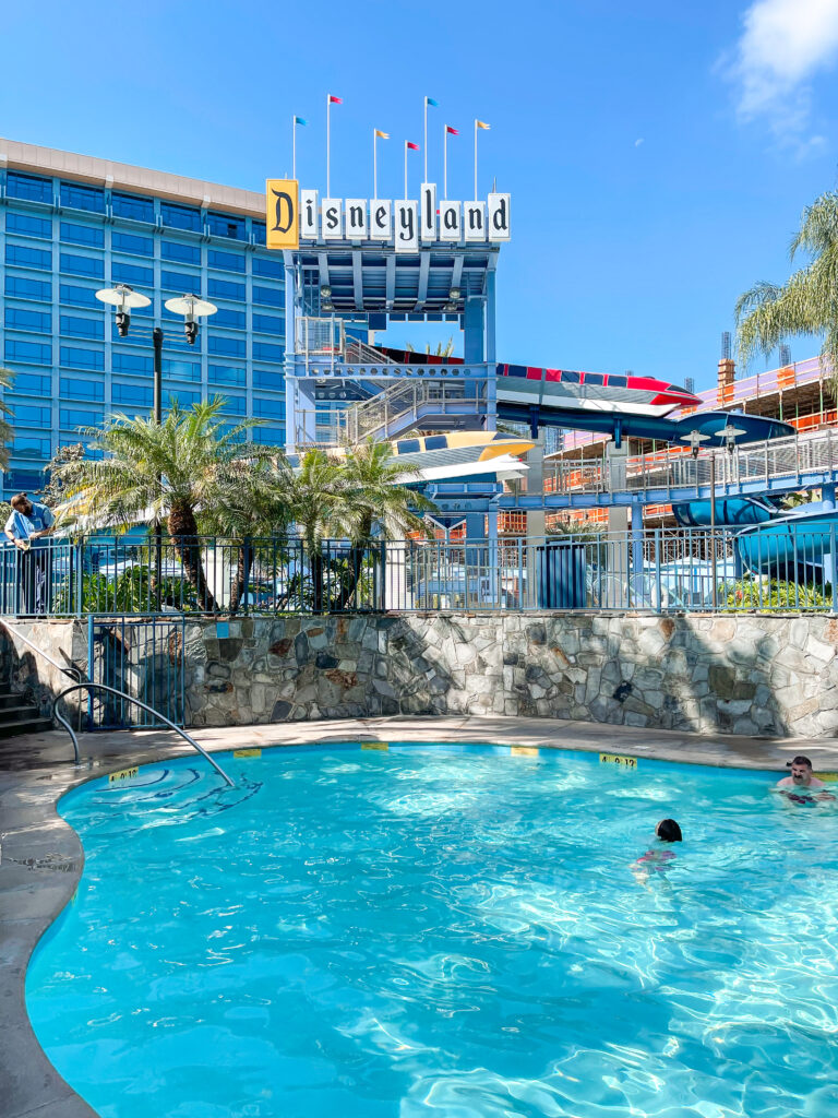 Pool and water slides at the Disneyland Hotel.