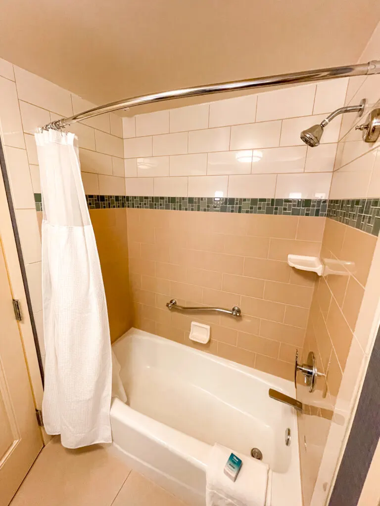 Tub and shower in a room at the Disneyland Hotel.