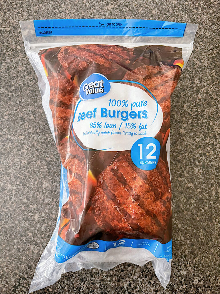 A package of frozen hamburgers.