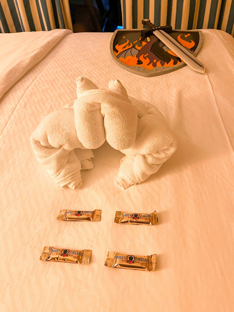 Towel animal in a stateroom on the Disney Magic.
