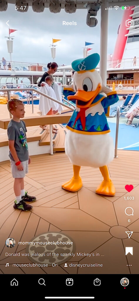 Intagram Reel cover photo of a boy meeting Donald Duck on the Disney Magic.