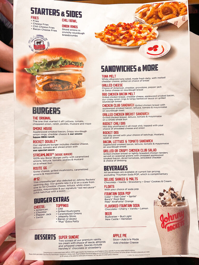 Royal Caribbean Johnny Rockets Menu.