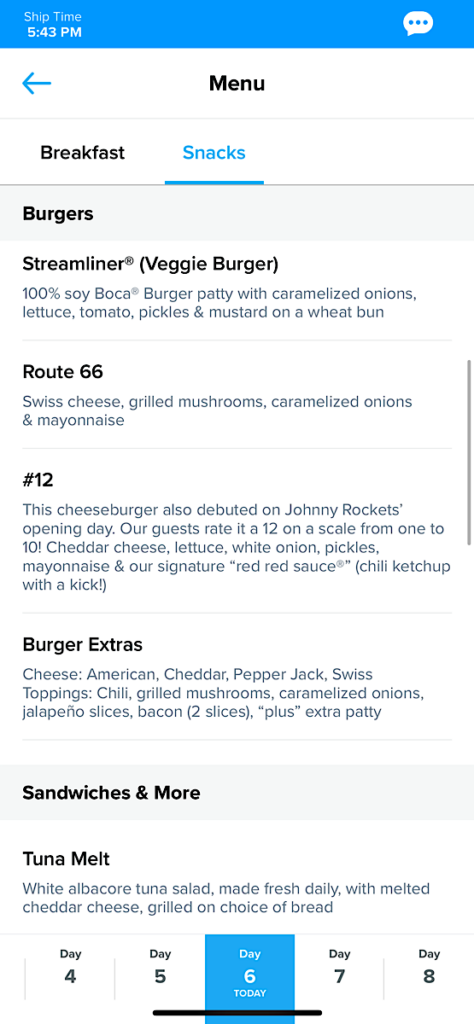 Royal Caribbean Johnny Rockets Menu.