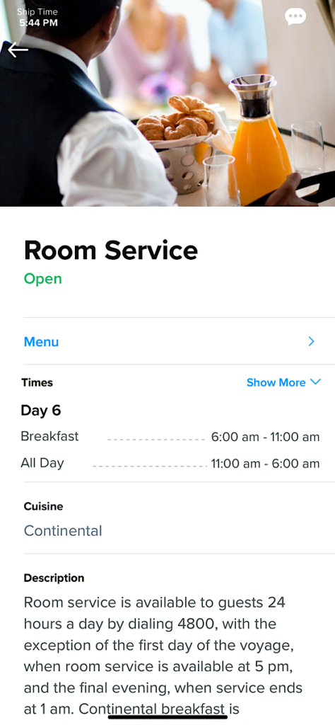 Royal Caribbean Room Service Menu.