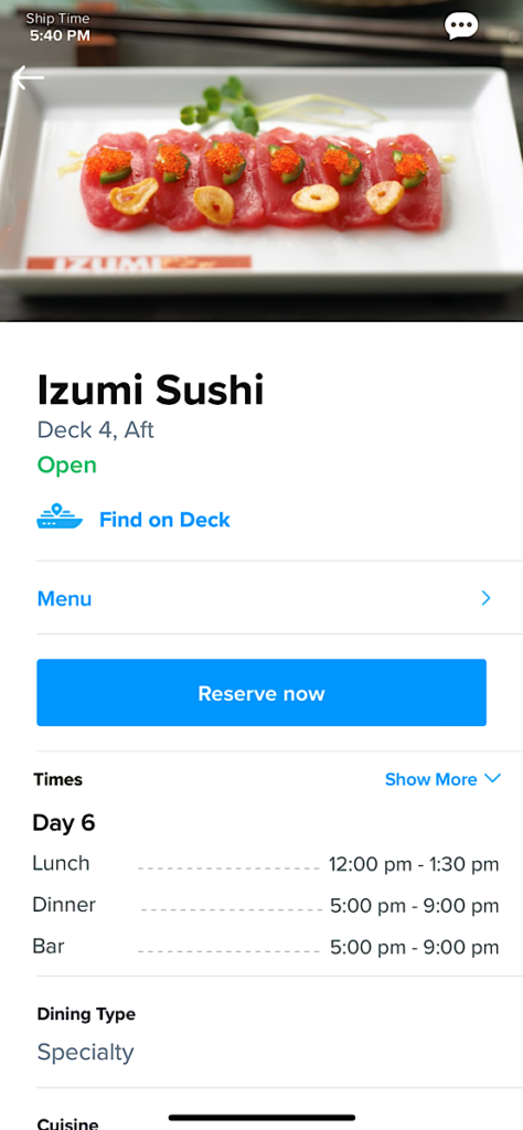 Royal Caribbean Izumi Sushi Menu.